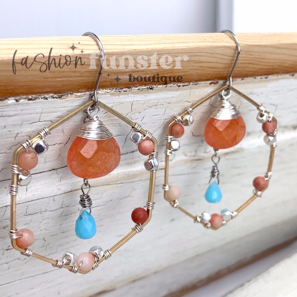 Beachy Wire Wrapped Honeycomb Geometric Blue Peach Stone Statement Drop Earrings